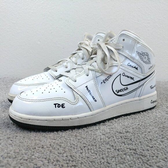 Nike Air Jordan 1 Mid Schematic Boys Size 7Y Shoes DQ1864-100 White Patent - Picture 1 of 14
